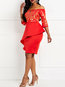Elegant Bodycon Off The Shoulder Patchwork Satin Knee Length Dresses (Style V201327)