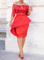 Elegant Bodycon Off The Shoulder Patchwork Satin Knee Length Dresses (Style V201327)