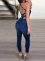 Slim Casual Plain Denim Backless Jumpsuit (Style V201333)