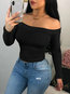 Off The Shoulder Standard Slim Sexy Plain T Shirt (Style V201363)