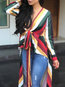 V-neck Casual Striped Polyester Asymmetrical Blouse (Style V201375)