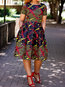 Expansion Round Neck Color Block Print Satin Midi Dresses (Style V201459)