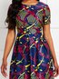 Expansion Round Neck Color Block Print Satin Midi Dresses (Style V201459)