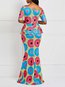 Western Mermaid Color Block Print Satin Maxi Dresses (Style V201476)