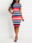 Western Bodycon Round Neck Striped Patchwork Knee Length Dresses (Style V201532)
