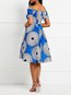 Western Off The Shoulder Geometric Print Satin Midi Dresses (Style V201541)