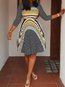 Fashion Round Neck Geometric Patchwork Cotton Blends Knee Length Dresses (Style V201555)
