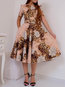 Western A-line Round Neck Leopard Print Floral Dresses (Style V201564)