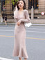 Date Night Sweater V-neck Solid Color Knitted Midi Dresses (Style V201852)