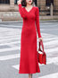 Date Night Sweater V-neck Solid Color Knitted Midi Dresses (Style V201852)