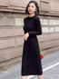 Office Sweater Round Neck Solid Color Ruffle Midi Dresses (Style V201853)