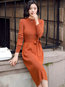 Office Sweater Round Neck Solid Color Ruffle Midi Dresses (Style V201853)