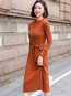 Office Sweater Round Neck Solid Color Ruffle Midi Dresses (Style V201853)