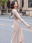 Office Sweater Round Neck Solid Color Ruffle Midi Dresses (Style V201853)