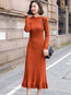 Office Sweater Round Neck Solid Color Cascading Ruffle Work Dresses (Style V201854)