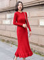 Office Sweater Round Neck Solid Color Cascading Ruffle Work Dresses (Style V201854)