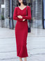 Classy Sweater V-neck Solid Color Knitted Midi Dresses (Style V201855)
