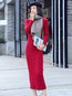 Classy Sweater V-neck Solid Color Knitted Midi Dresses (Style V201855)