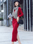 Classy Sweater V-neck Solid Color Knitted Midi Dresses (Style V201855)