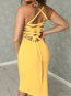 Glamorous Bodycon Solid Color Strappy Polyester Knee Length Dresses (Style V300226)