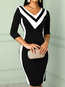 Office Bodycon V-neck Striped Polyester Knee Length Dresses (Style V300259)