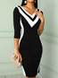 Office Bodycon V-neck Striped Polyester Knee Length Dresses (Style V300259)