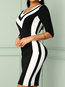 Office Bodycon V-neck Striped Polyester Knee Length Dresses (Style V300259)