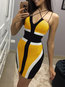 Bodycon V-neck Color Block Pattern Polyester Mini Dresses (Style V300483)