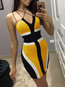 Bodycon V-neck Color Block Pattern Polyester Mini Dresses (Style V300483)