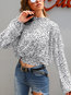Stand Collar Loose Leopard Polyester Ruffle T Shirt (Style V300560)