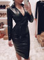 Going Out Bodycon Solid Color Sash Pu Leather Midi Dresses (Style V300624)