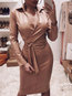 Going Out Bodycon Solid Color Sash Pu Leather Midi Dresses (Style V300624)