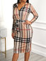 Office Bodycon Stand Collar Gingham Polyester Knee Length Dresses (Style V300870)