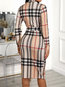 Office Bodycon Stand Collar Gingham Polyester Knee Length Dresses (Style V300870)