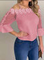 Off The Shoulder Straight Cute Plain Polyester Blouse (Style V300906)