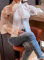 Stand Collar Standard Straight Elegant Polyester Blouse (Style V300993)